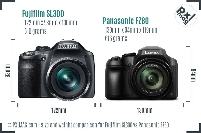 Fujifilm SL300 vs Panasonic FZ80 size comparison