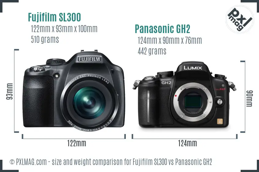 Fujifilm SL300 vs Panasonic GH2 size comparison