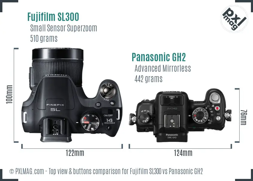 Fujifilm SL300 vs Panasonic GH2 top view buttons comparison