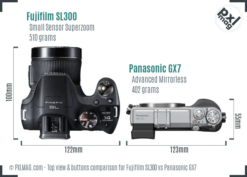 Fujifilm SL300 vs Panasonic GX7 top view buttons comparison