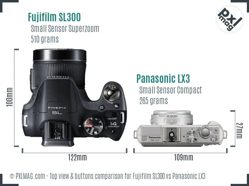 Fujifilm SL300 vs Panasonic LX3 top view buttons comparison