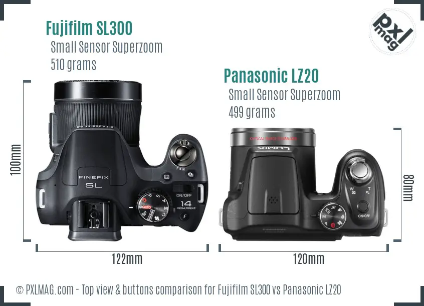 Fujifilm SL300 vs Panasonic LZ20 top view buttons comparison