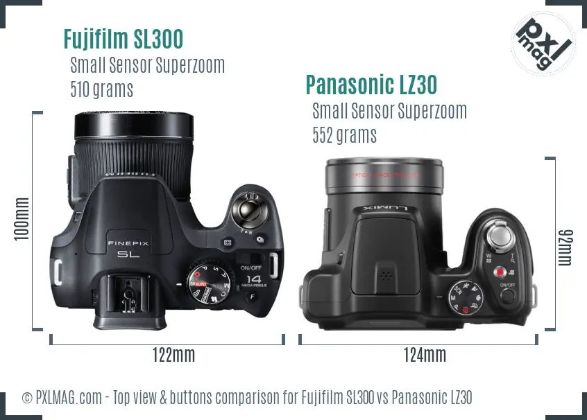 Fujifilm SL300 vs Panasonic LZ30 top view buttons comparison Fujifilm SL300 vs Panasonic LZ30 top view buttons comparison