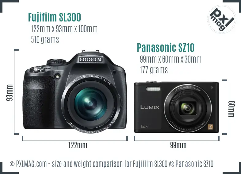 Fujifilm SL300 vs Panasonic SZ10 size comparison