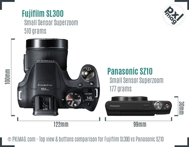 Fujifilm SL300 vs Panasonic SZ10 top view buttons comparison