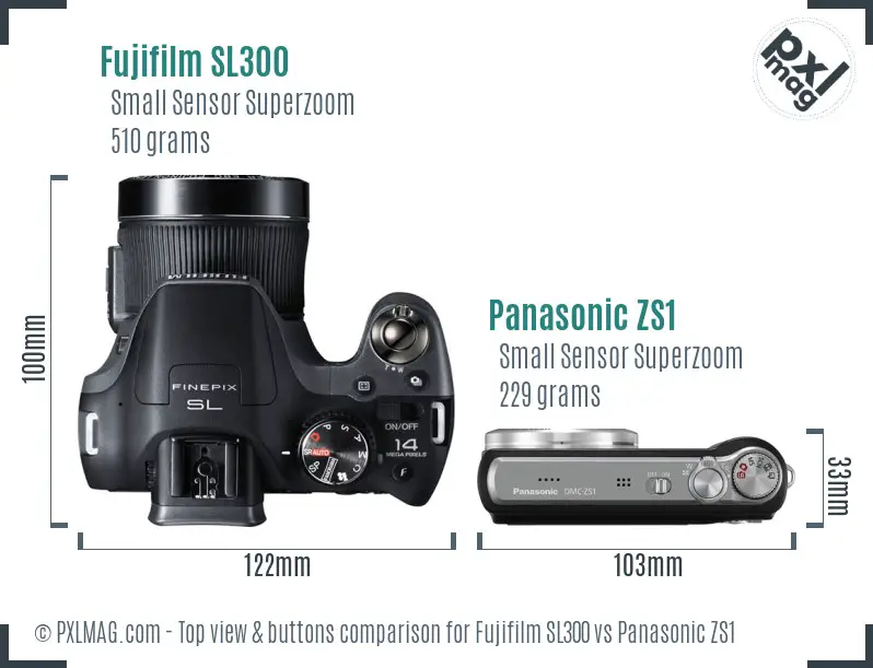 Fujifilm SL300 vs Panasonic ZS1 top view buttons comparison