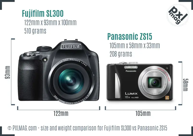 Fujifilm SL300 vs Panasonic ZS15 size comparison