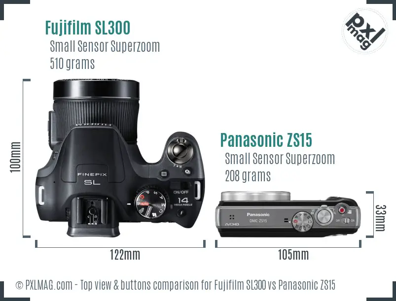 Fujifilm SL300 vs Panasonic ZS15 top view buttons comparison