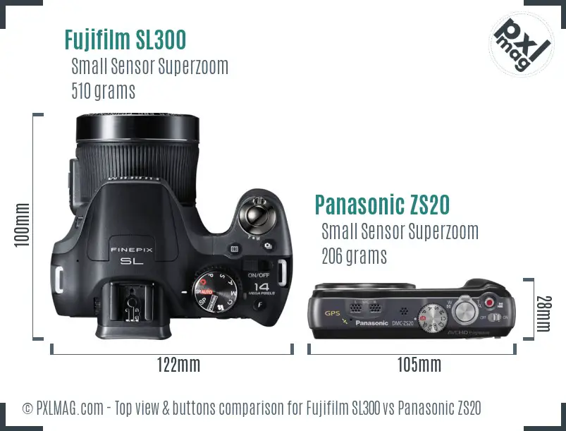 Fujifilm SL300 vs Panasonic ZS20 top view buttons comparison Fujifilm SL300 vs Panasonic ZS20 top view buttons comparison