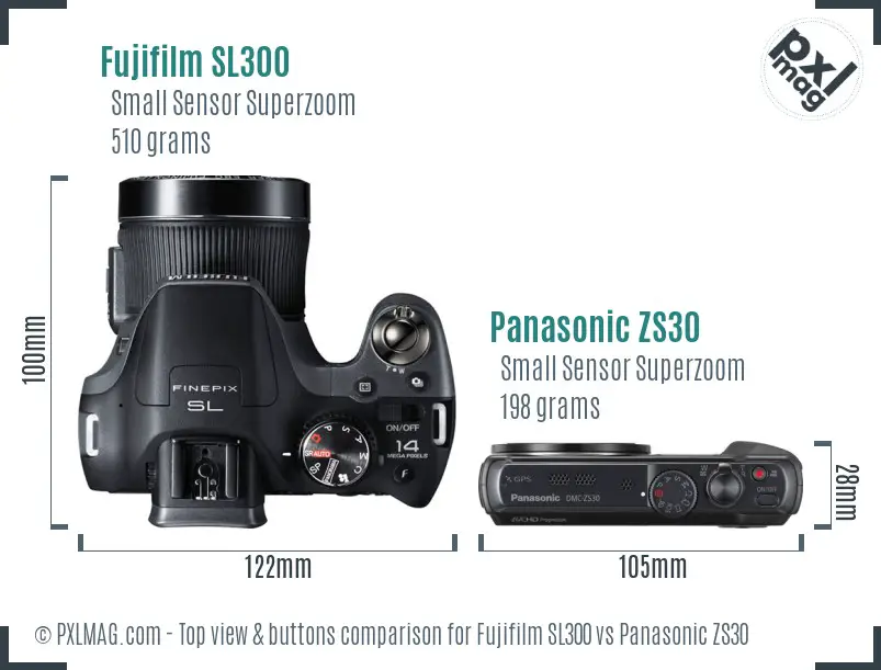 Fujifilm SL300 vs Panasonic ZS30 top view buttons comparison Fujifilm SL300 vs Panasonic ZS30 top view buttons comparison