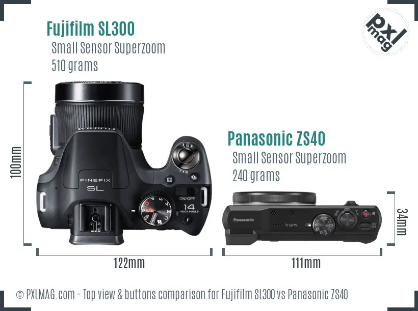 Fujifilm SL300 vs Panasonic ZS40 top view buttons comparison Fujifilm SL300 vs Panasonic ZS40 top view buttons comparison