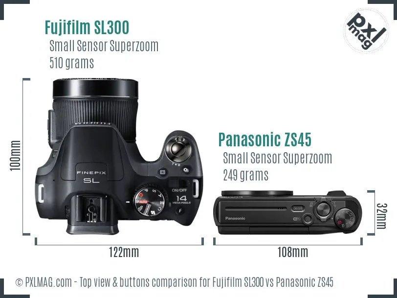 Fujifilm SL300 vs Panasonic ZS45 top view buttons comparison