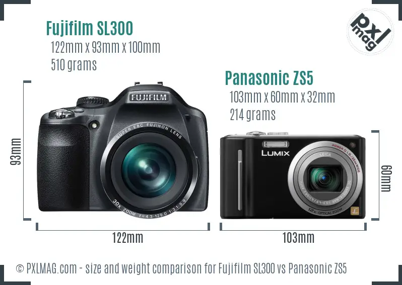 Fujifilm SL300 vs Panasonic ZS5 size comparison