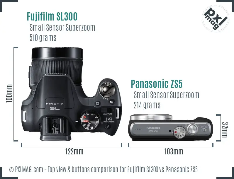 Fujifilm SL300 vs Panasonic ZS5 top view buttons comparison
