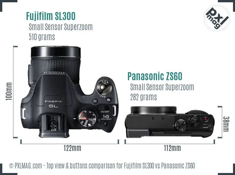 Fujifilm SL300 vs Panasonic ZS60 top view buttons comparison