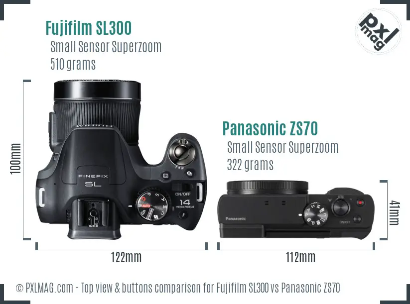 Fujifilm SL300 vs Panasonic ZS70 top view buttons comparison