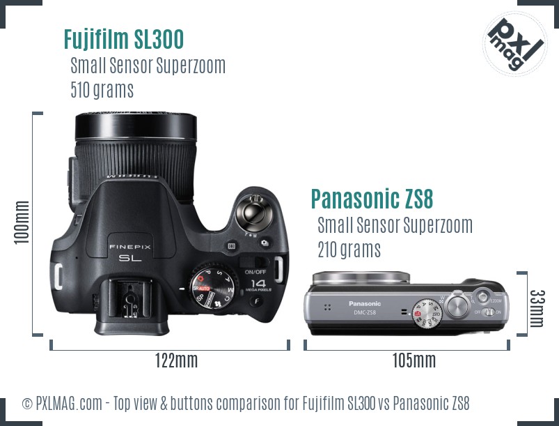 Fujifilm SL300 vs Panasonic ZS8 top view buttons comparison