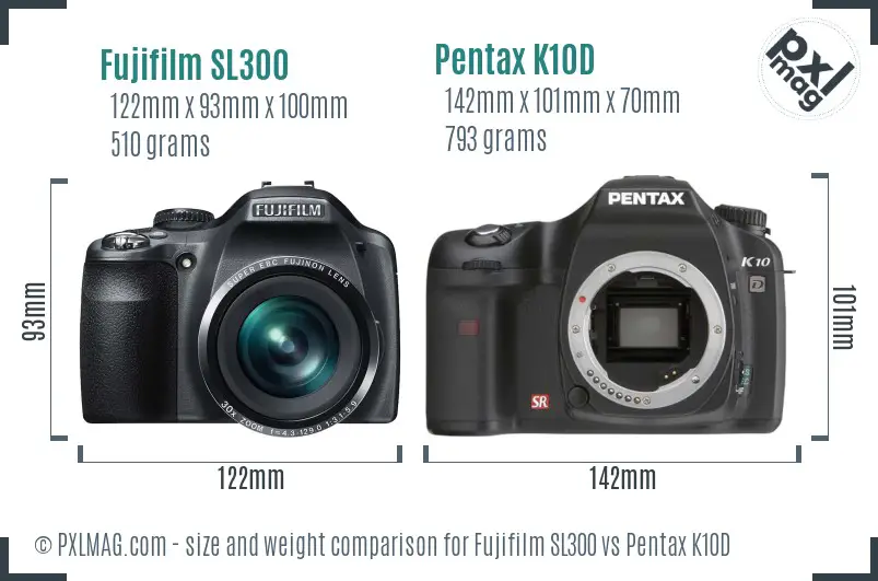 Fujifilm SL300 vs Pentax K10D size comparison