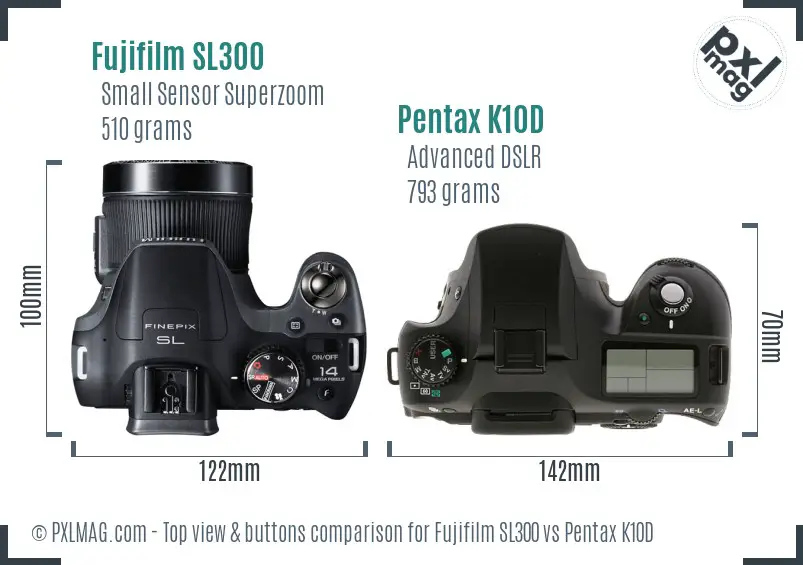 Fujifilm SL300 vs Pentax K10D top view buttons comparison