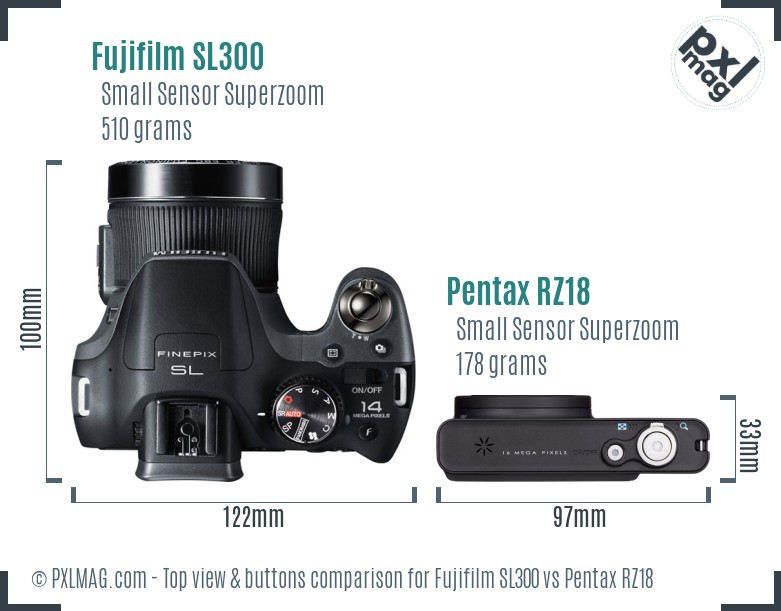 Fujifilm SL300 vs Pentax RZ18 top view buttons comparison