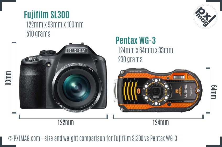 Fujifilm SL300 vs Pentax WG-3 size comparison