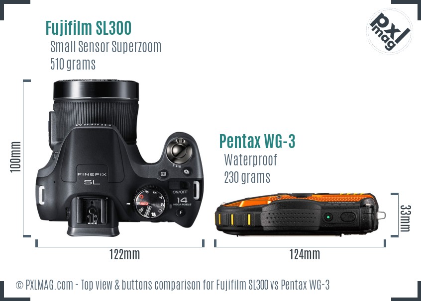 Fujifilm SL300 vs Pentax WG-3 top view buttons comparison