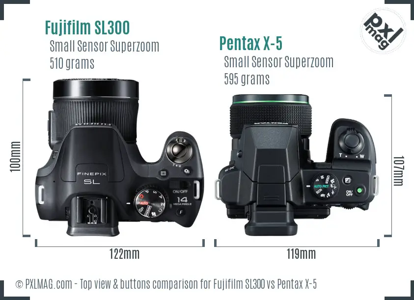 Fujifilm SL300 vs Pentax X-5 top view buttons comparison