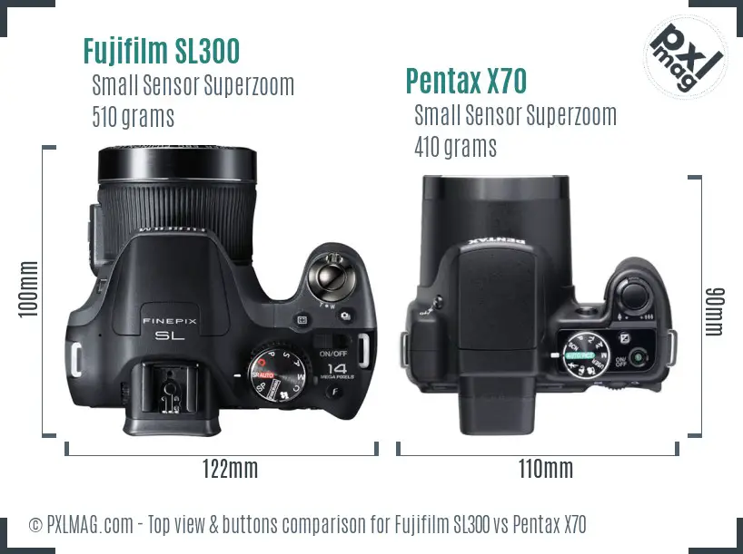 Fujifilm SL300 vs Pentax X70 top view buttons comparison
