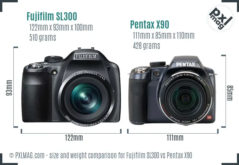Fujifilm SL300 vs Pentax X90 size comparison