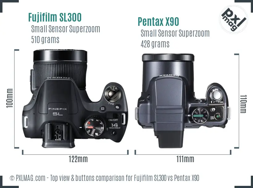 Fujifilm SL300 vs Pentax X90 top view buttons comparison