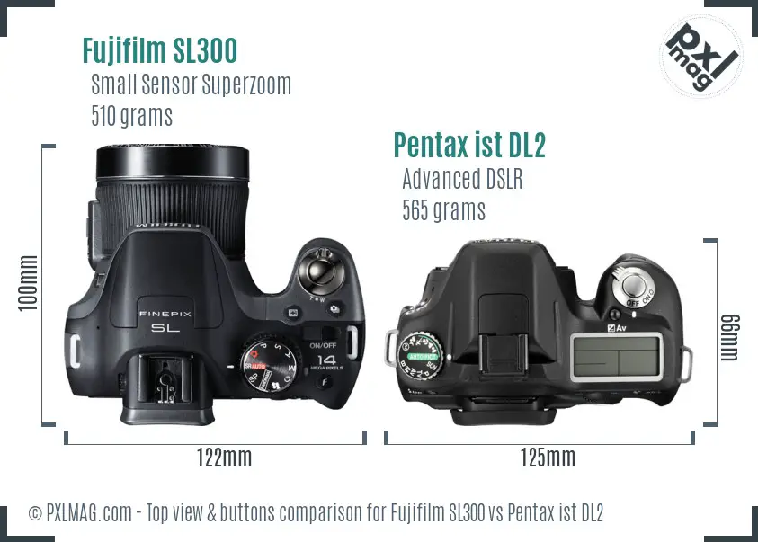 Fujifilm SL300 vs Pentax ist DL2 top view buttons comparison