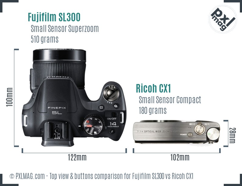 Fujifilm SL300 vs Ricoh CX1 top view buttons comparison