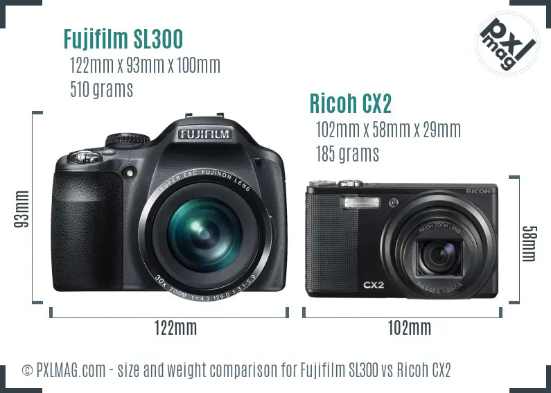 Fujifilm SL300 vs Ricoh CX2 size comparison