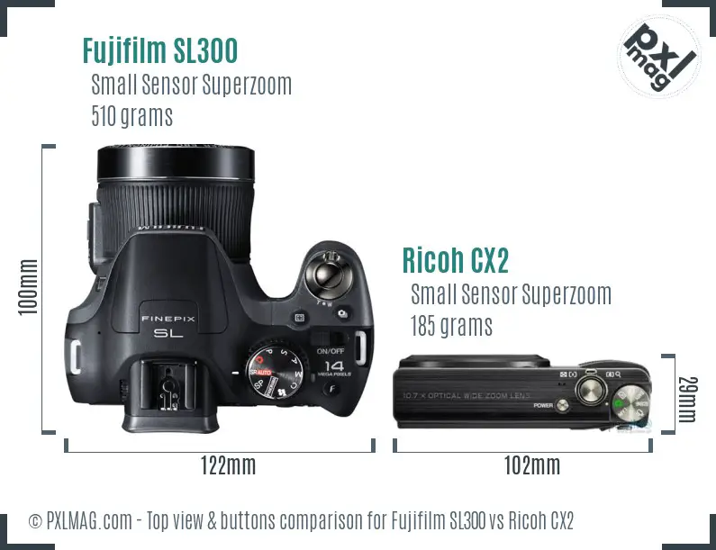 Fujifilm SL300 vs Ricoh CX2 top view buttons comparison