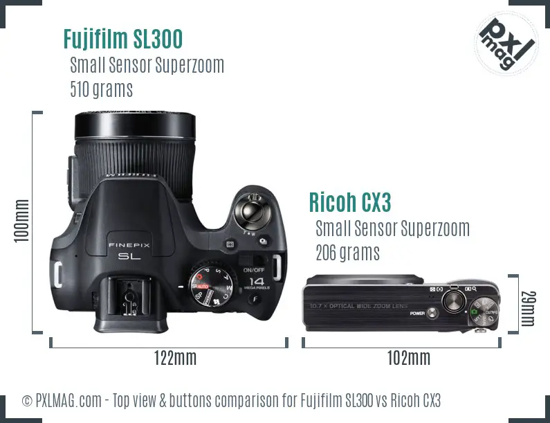 Fujifilm SL300 vs Ricoh CX3 top view buttons comparison Fujifilm SL300 vs Ricoh CX3 top view buttons comparison