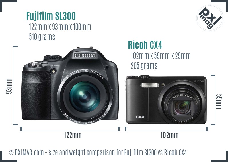Fujifilm SL300 vs Ricoh CX4 size comparison