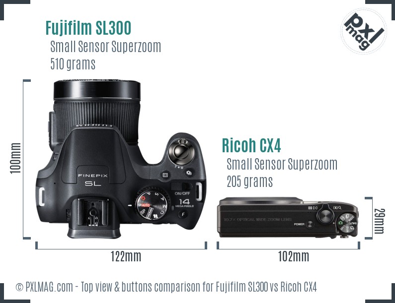 Fujifilm SL300 vs Ricoh CX4 top view buttons comparison