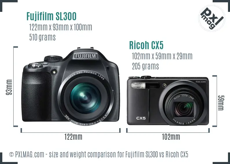 Fujifilm SL300 vs Ricoh CX5 size comparison Fujifilm SL300 vs Ricoh CX5 size comparison