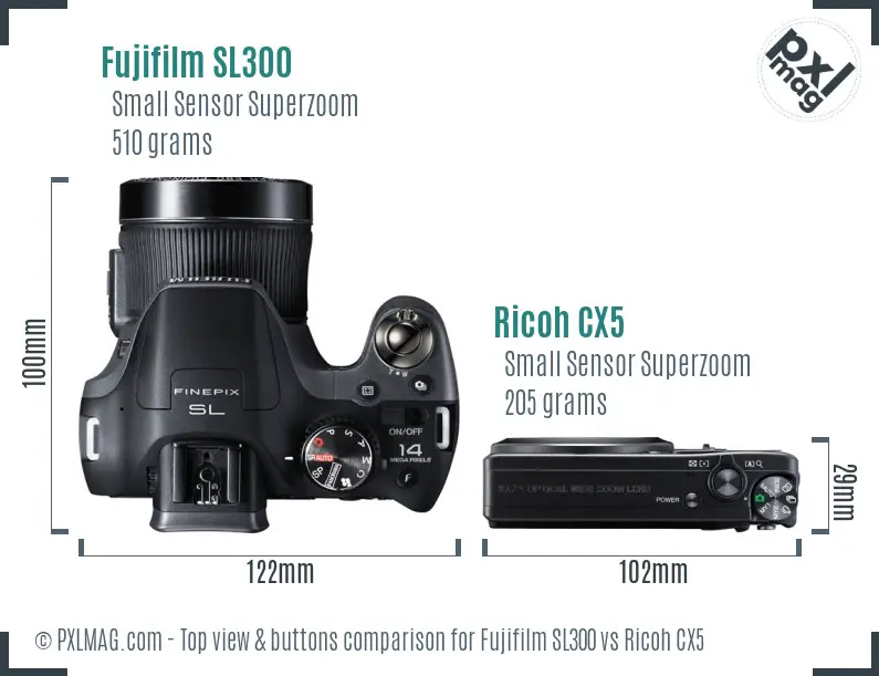 Fujifilm SL300 vs Ricoh CX5 top view buttons comparison Fujifilm SL300 vs Ricoh CX5 top view buttons comparison