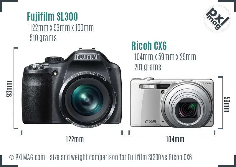 Fujifilm SL300 vs Ricoh CX6 size comparison