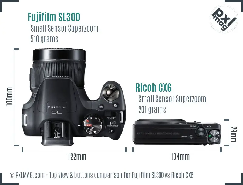 Fujifilm SL300 vs Ricoh CX6 top view buttons comparison