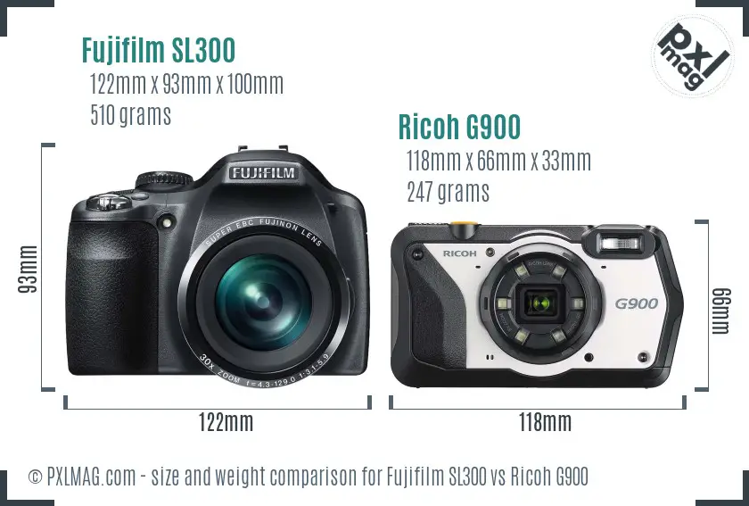 Fujifilm SL300 vs Ricoh G900 size comparison