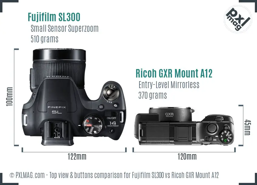 Fujifilm SL300 vs Ricoh GXR Mount A12 top view buttons comparison