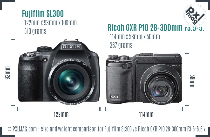 Fujifilm SL300 vs Ricoh GXR P10 28-300mm F3.5-5.6 VC size comparison Fujifilm SL300 vs Ricoh GXR P10 28-300mm F3.5-5.6 VC size comparison