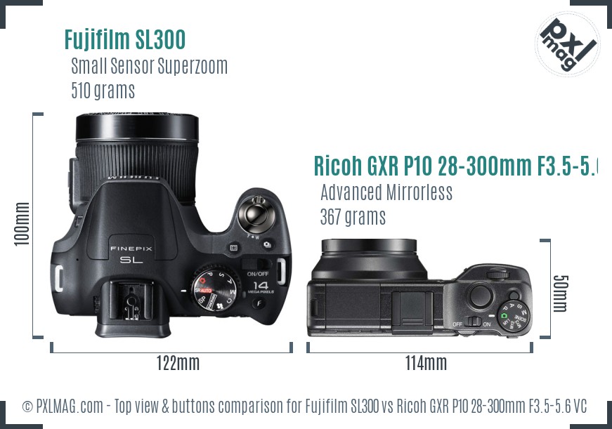 Fujifilm SL300 vs Ricoh GXR P10 28-300mm F3.5-5.6 VC top view buttons comparison