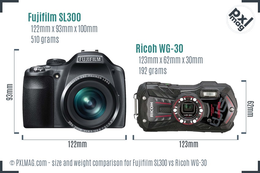 Fujifilm SL300 vs Ricoh WG-30 size comparison