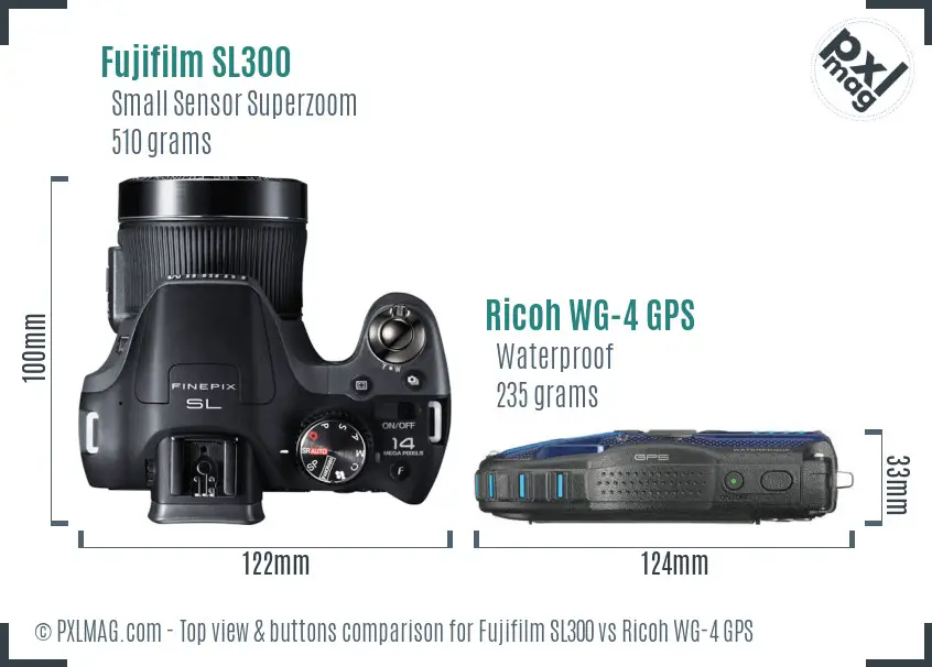 Fujifilm SL300 vs Ricoh WG-4 GPS top view buttons comparison