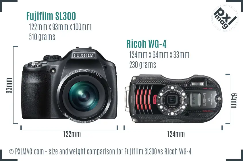Fujifilm SL300 vs Ricoh WG-4 size comparison
