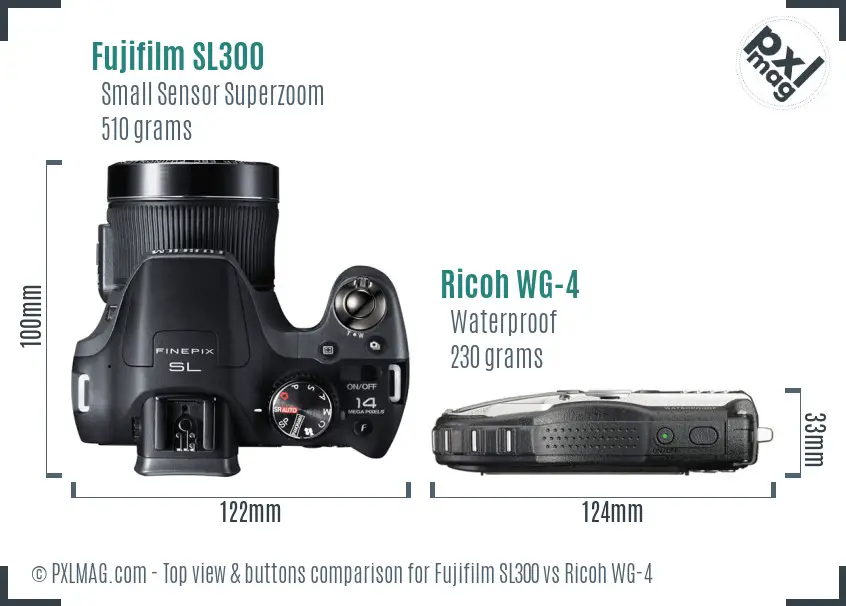Fujifilm SL300 vs Ricoh WG-4 top view buttons comparison
