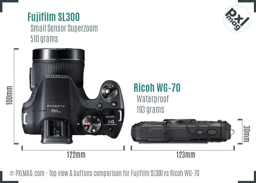 Fujifilm SL300 vs Ricoh WG-70 top view buttons comparison Fujifilm SL300 vs Ricoh WG-70 top view buttons comparison